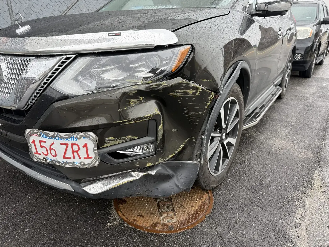 Damaged vehicle panel before collision repair at Best Finish Auto Body in Worcester, MA